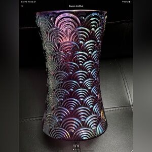 “New” Purple Iridescent Peacock Tail Vase.  (8” H X 5” Wide At Bottom Of Vase)
